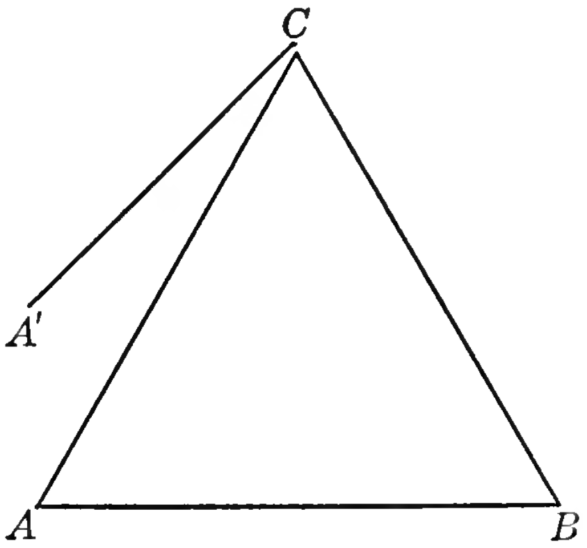 Three points form an equilateral triangle: points A and B at the bottom and point C at the top, connected to each other by lines. Another point, A', sits above A and is connected to C by another line.