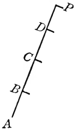 A straight line starts at point A, goes through points B, C, and D, and ends at point P.